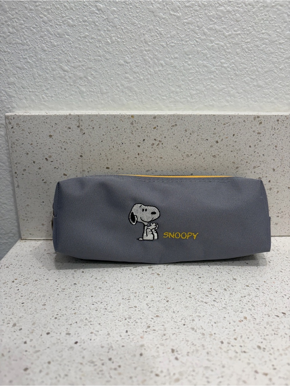 Snoopy Grey Peanuts Pencil Pouch Yellow Trim EUC